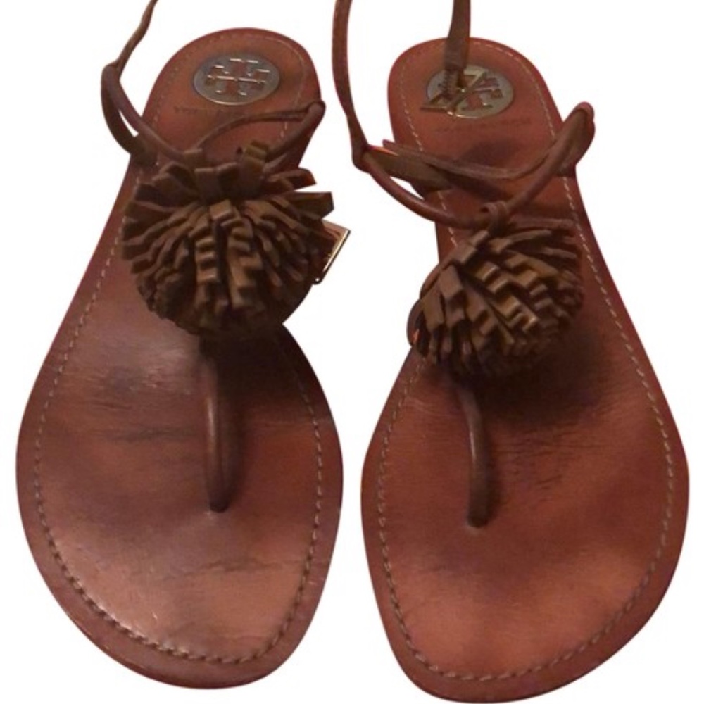 Tory Burch Brown Pom Pom Sandals